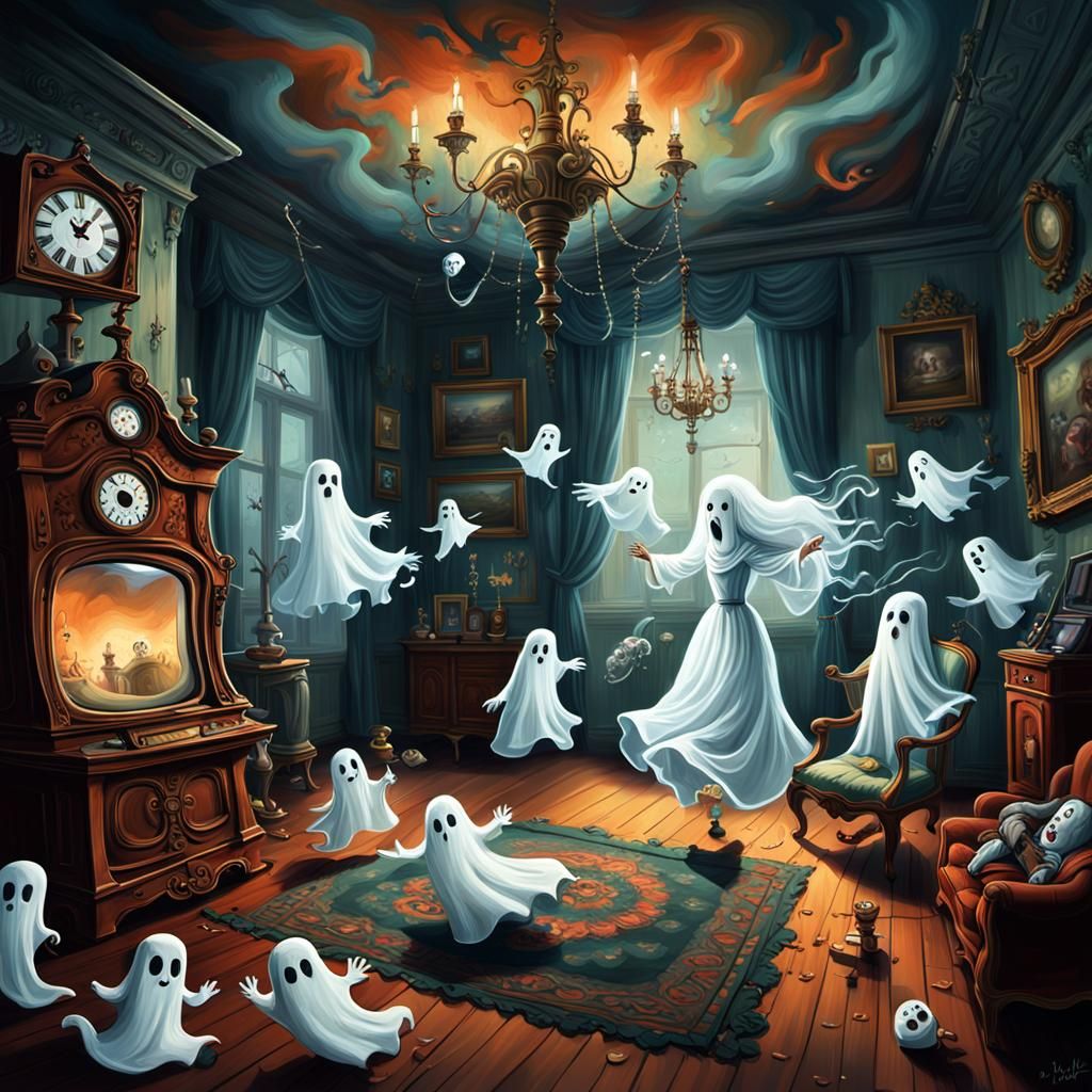 Ghosts Mischief in a Surreal Mansion, Digital Painting