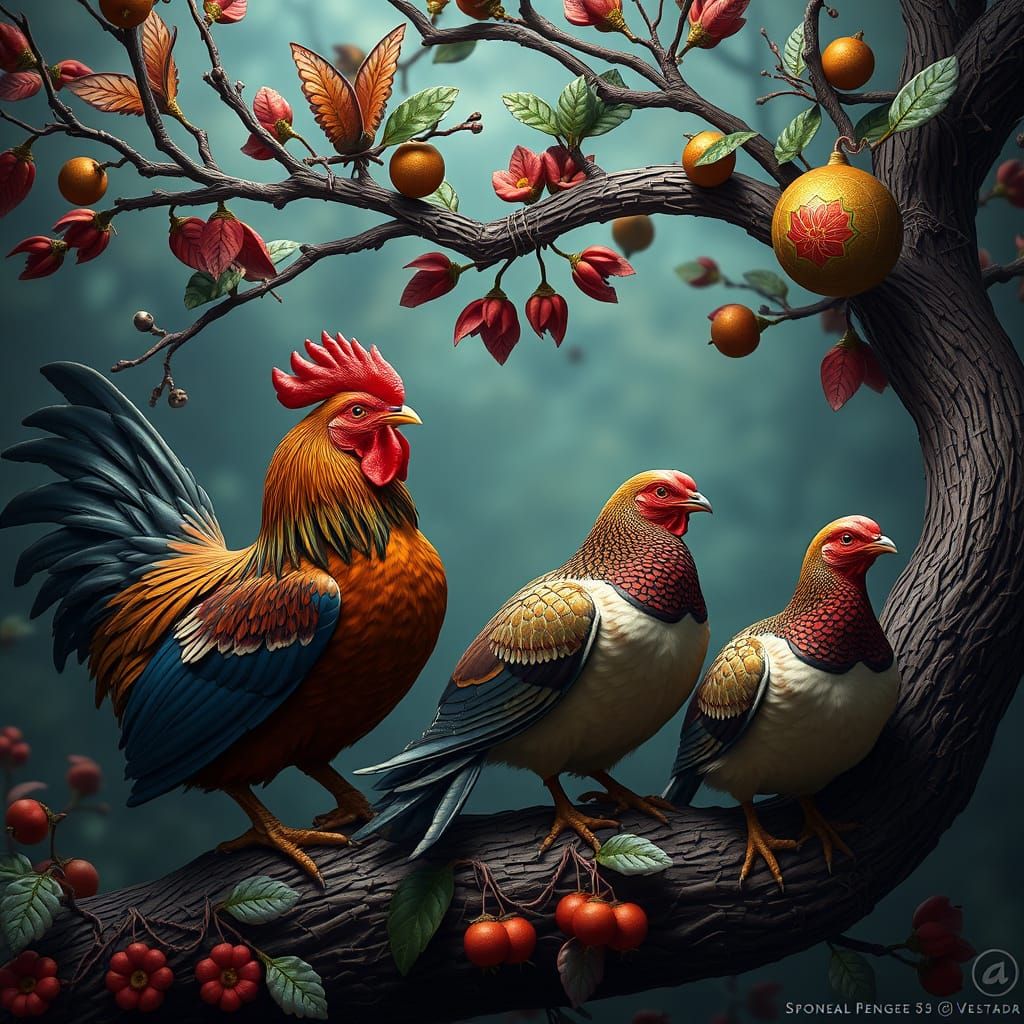 Fantastical Pear Tree Scene with French Hens, Doves, and Par...
