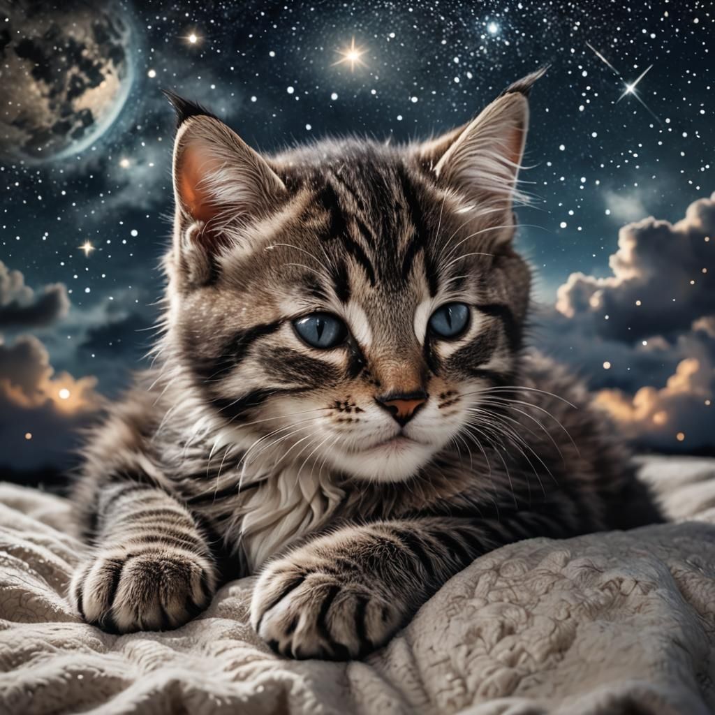 Kitten Sleeping Under a Starry Night Sky