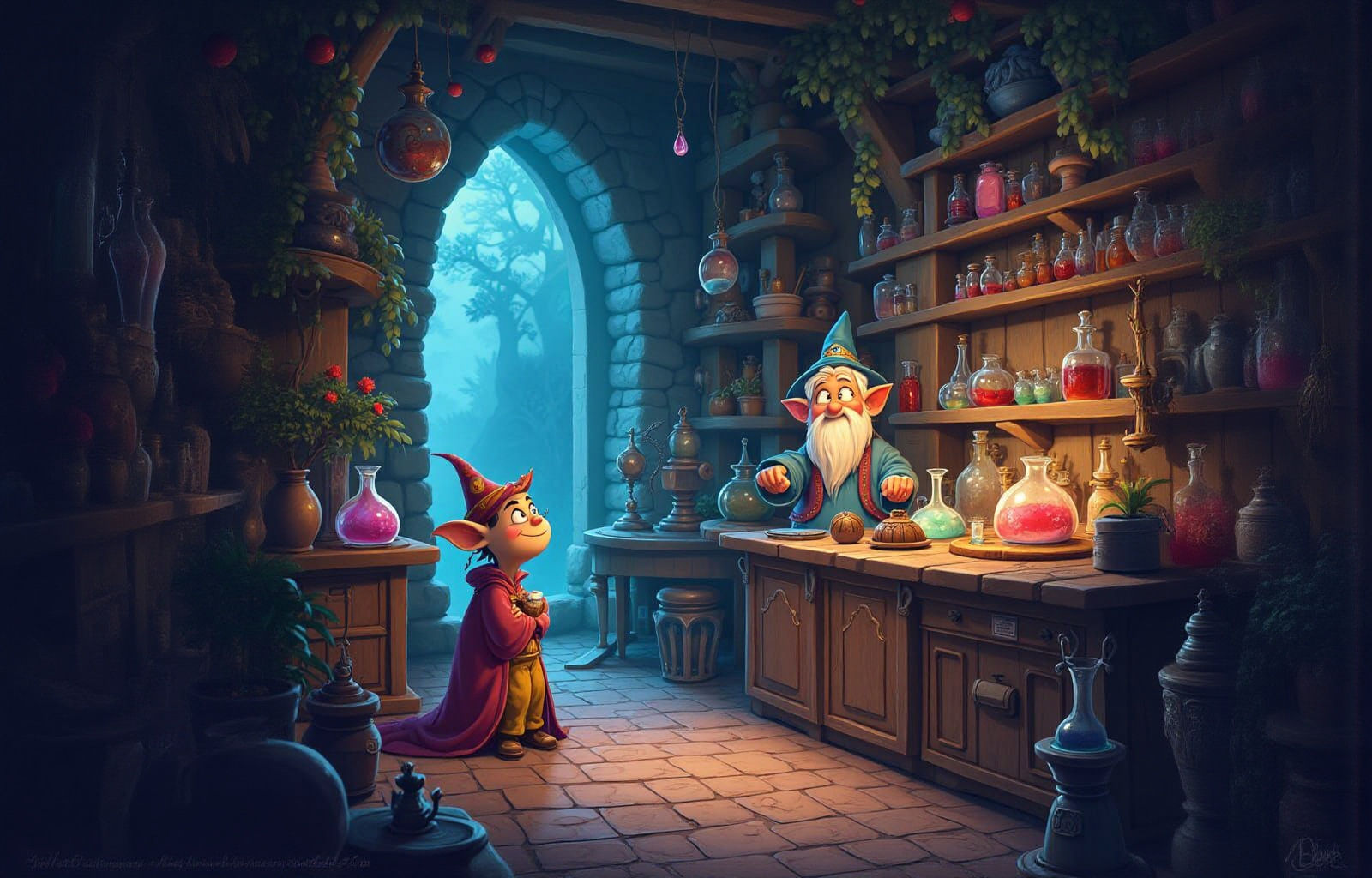 Fantasy Wizard's Laboratory in Whimsical Cartoon Style
