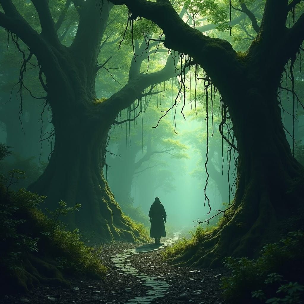 Figure Lost in a Dense, Gnarled Forest