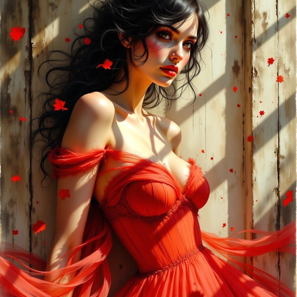 Woman in Red Dress: Hyperdetailed Pin-Up Oil Painting