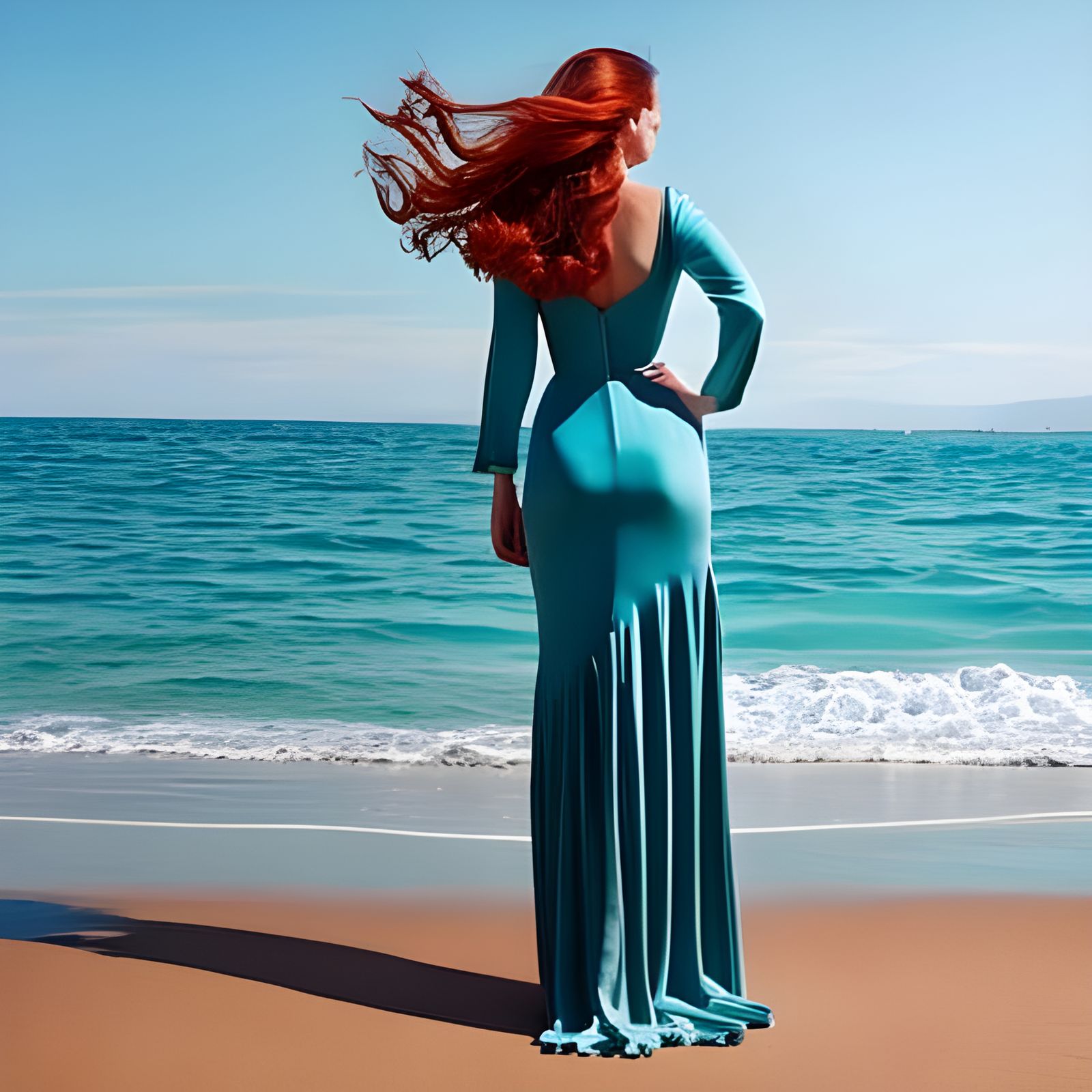 Redhead Woman in Turquoise Dress Ocean Portrait
