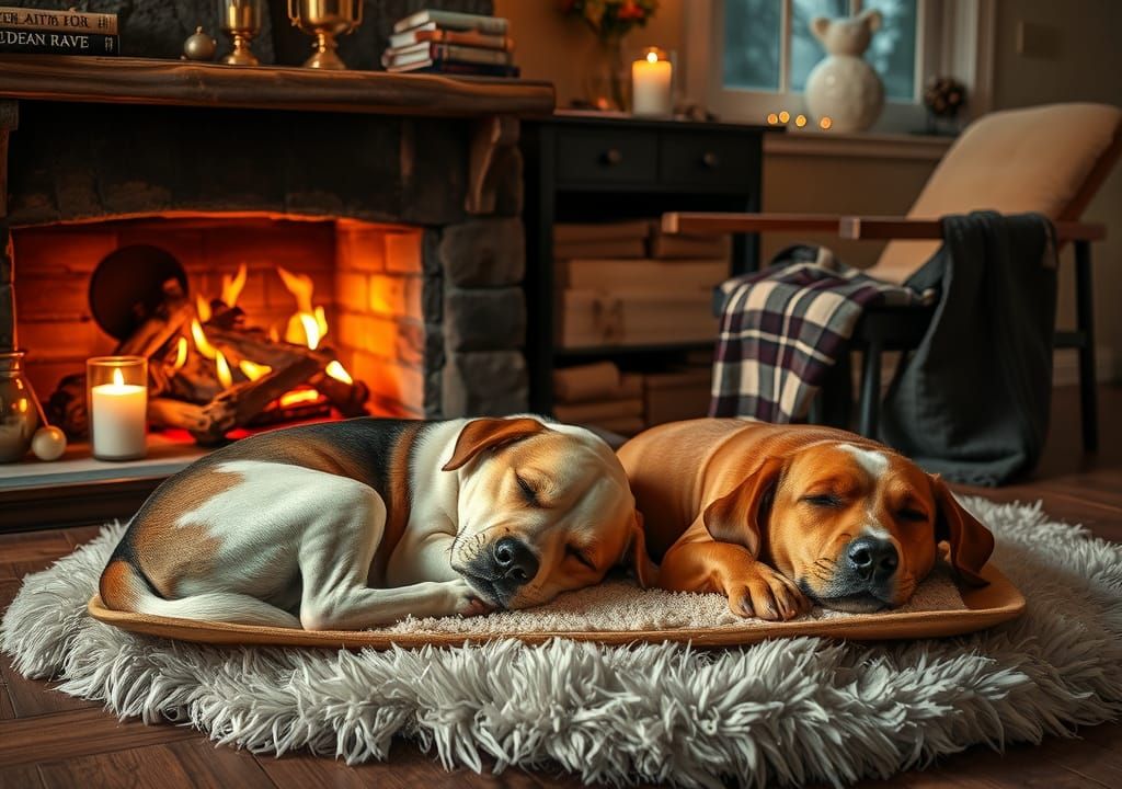 Dogs Sleeping by Fireplace in Spring Colors