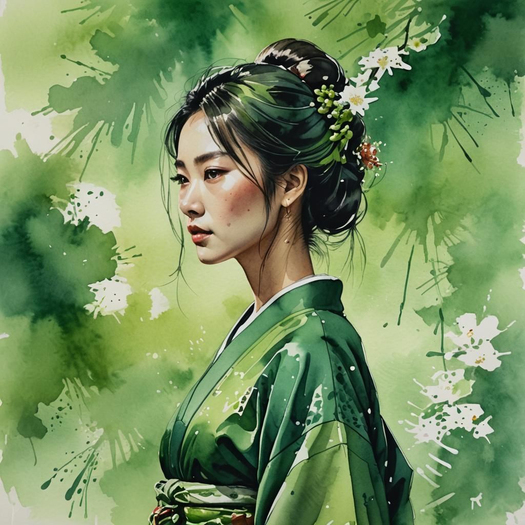 Woman in Green Kimono: Detailed Watercolor Painting