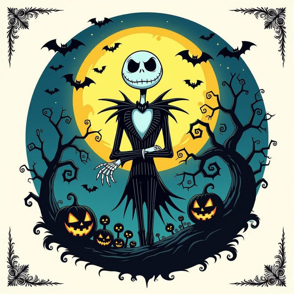 Dark Whimsical Scene: Jack Skellington in Comic Style