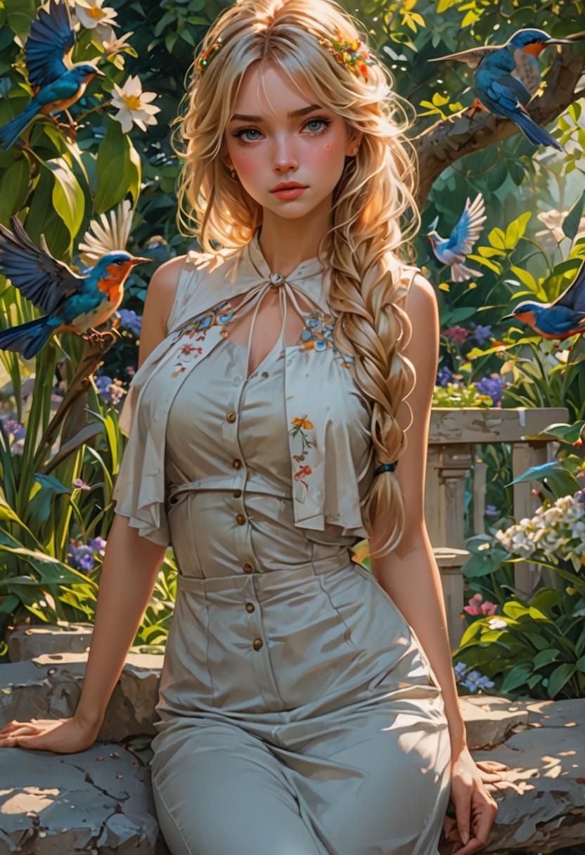 Blonde Woman in Garden, Anime Portrait, Detailed Art