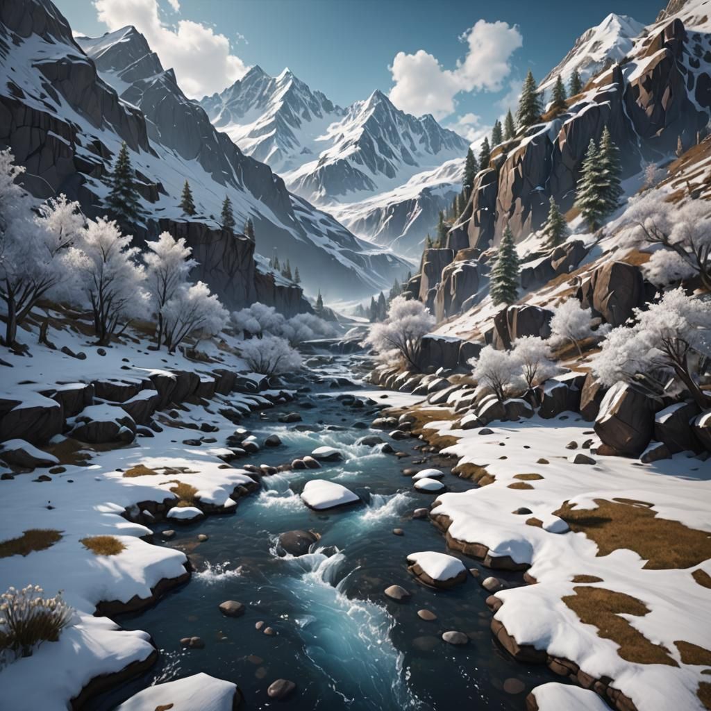 Icy Mountain Stream in Winter: A Detailed Matte Painting