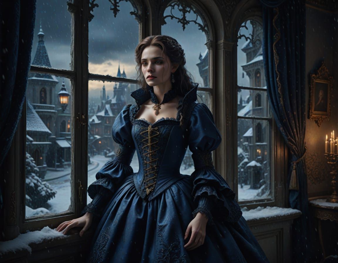 Vampire Woman in Baroque Dress Shakes Snowy Pillow