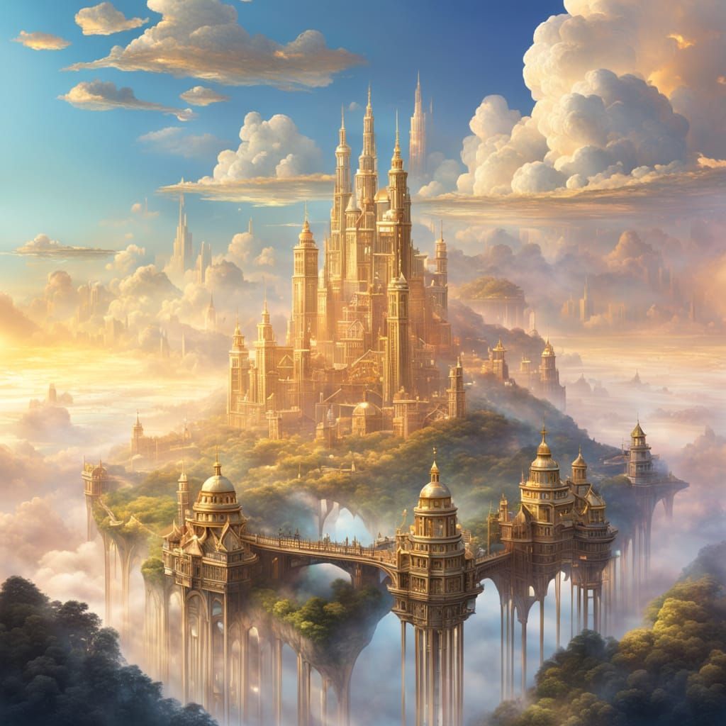 Floating City of Glass and Gold in Pastel Sky