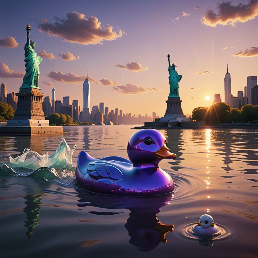 Surreal Violet Duck Confronts Statue of Liberty in a Dreamli...