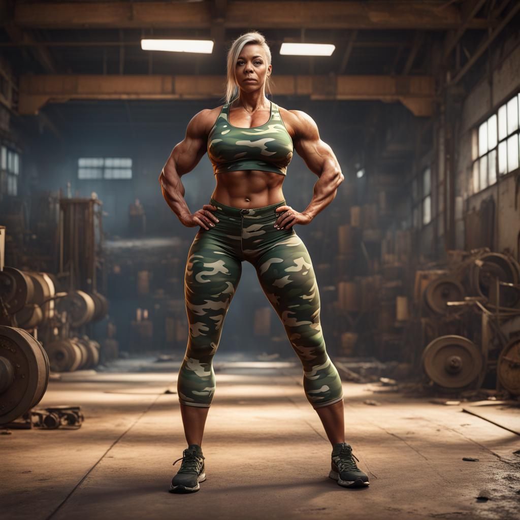 Muscular Woman in Camo Pants, Digital Art
