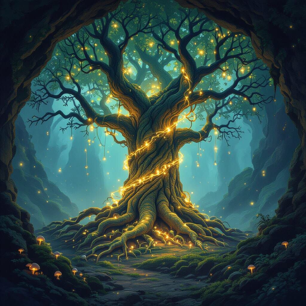 Magical Ancient Tree in Ethereal Forest Cave Digital Paintin...