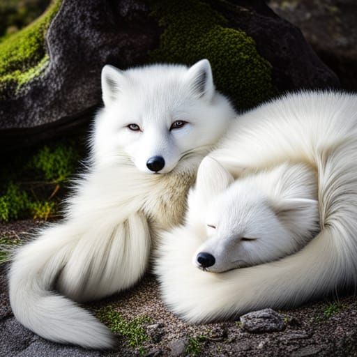 Arctic Fox Family Sleeping on Moss