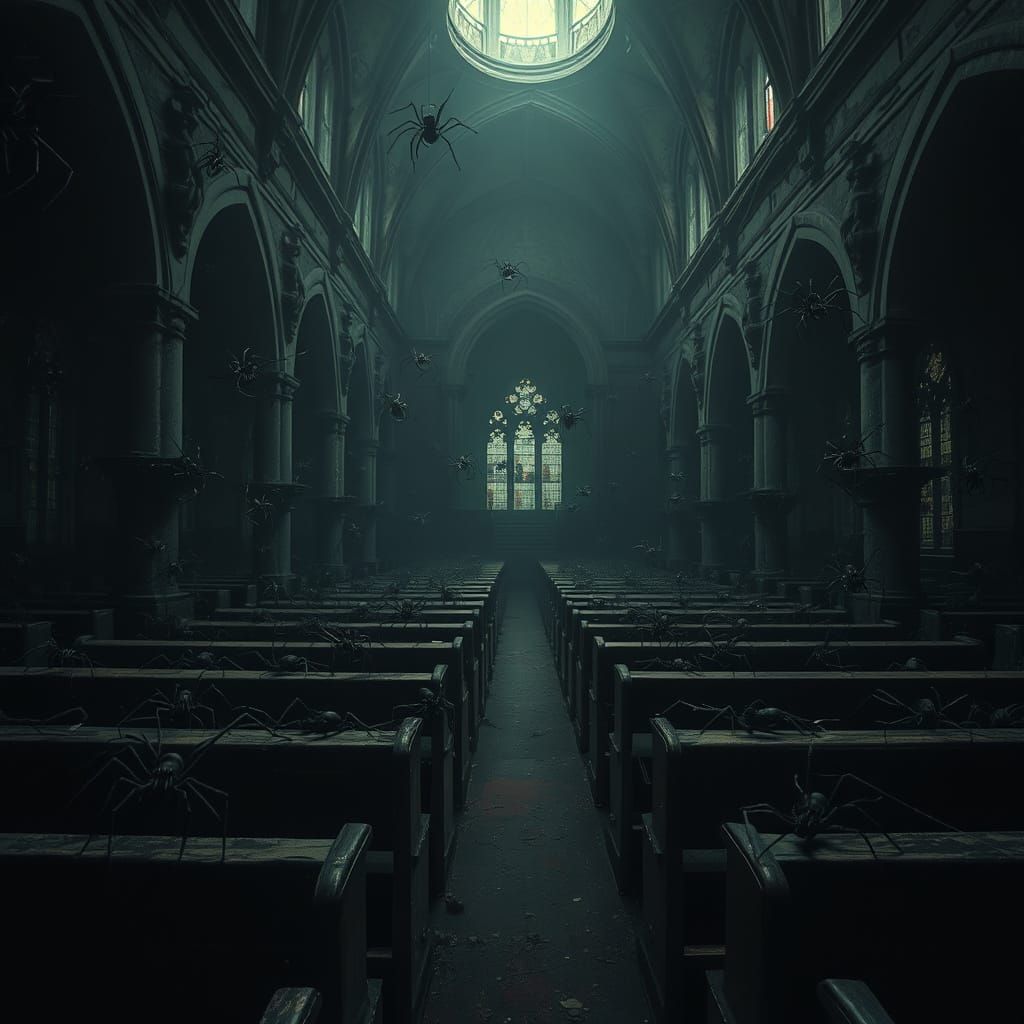 Dark Church Overrun by Spiders in Gothic Style