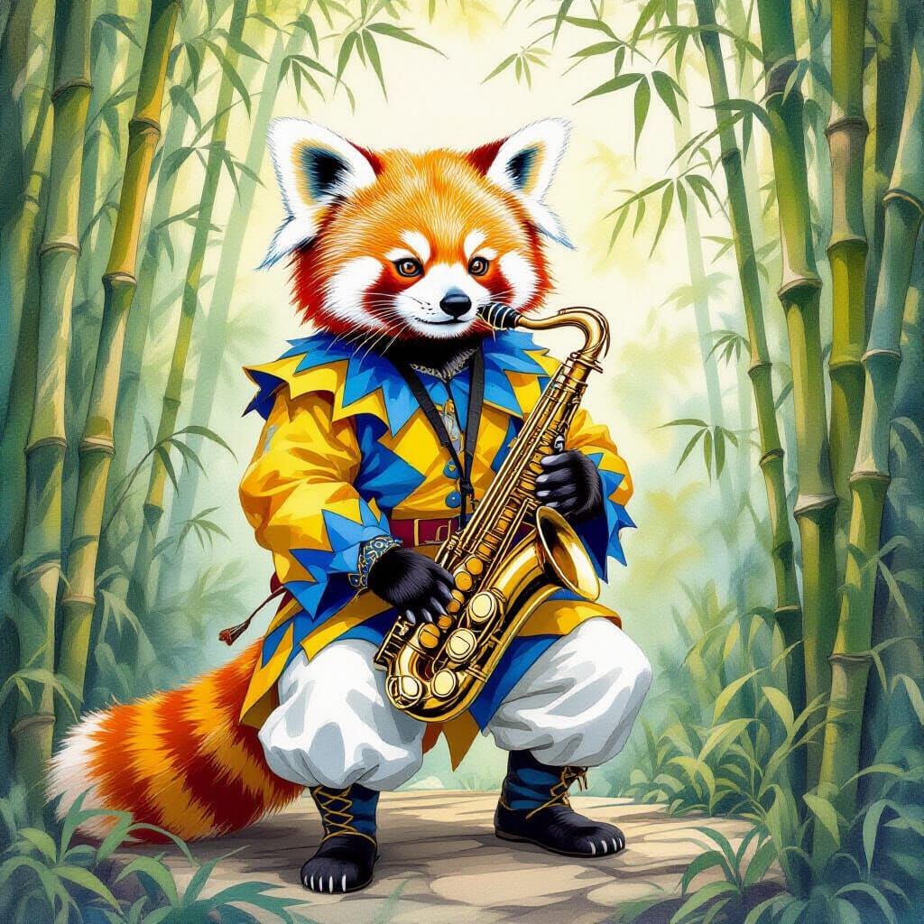 Red Panda Jester Plays Saxophone in Bamboo Jungle