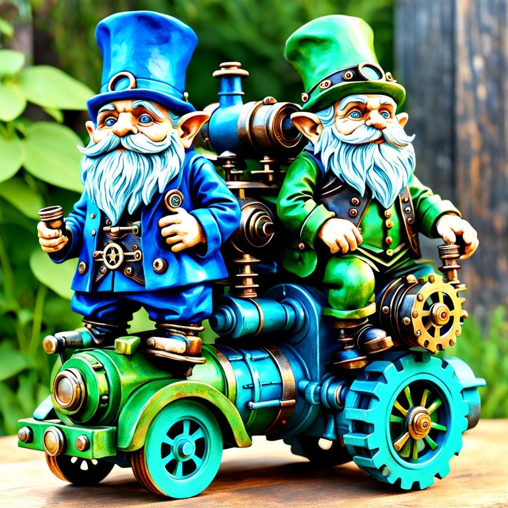 Steampunk Gnomes with Blue and Green Hats