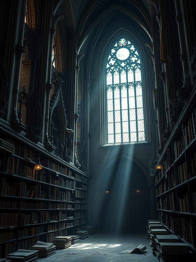Gothic Library Illuminated by Silvery Moonlight