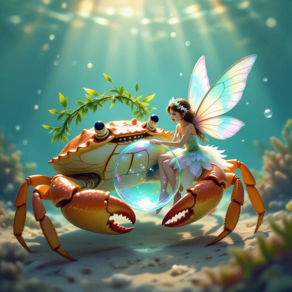 Crab with Fairy Bubble, Whimsical Creature Design