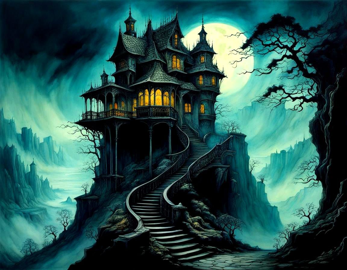 Haunted House in Retro-Futuristic Style