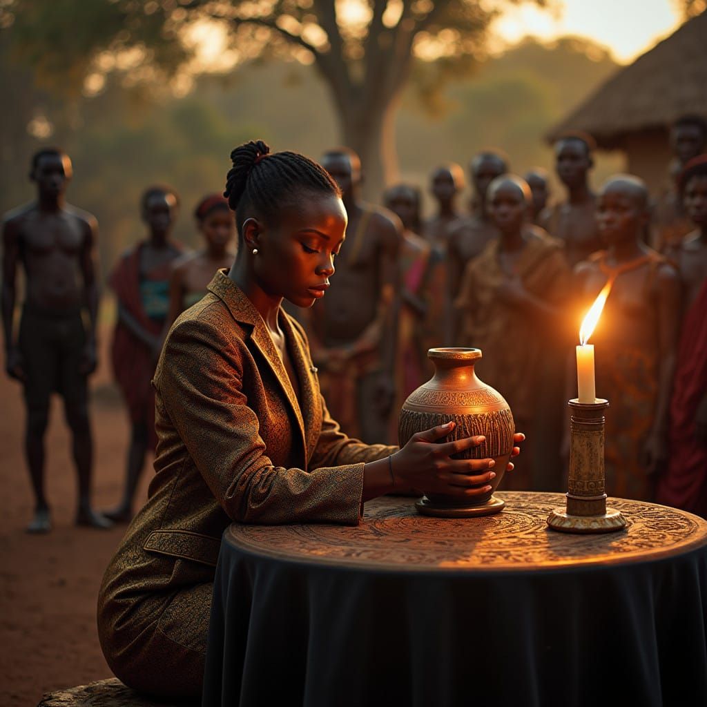 Ethereal Woman Places Claypot on Velvet Altar in Zimbabwean...
