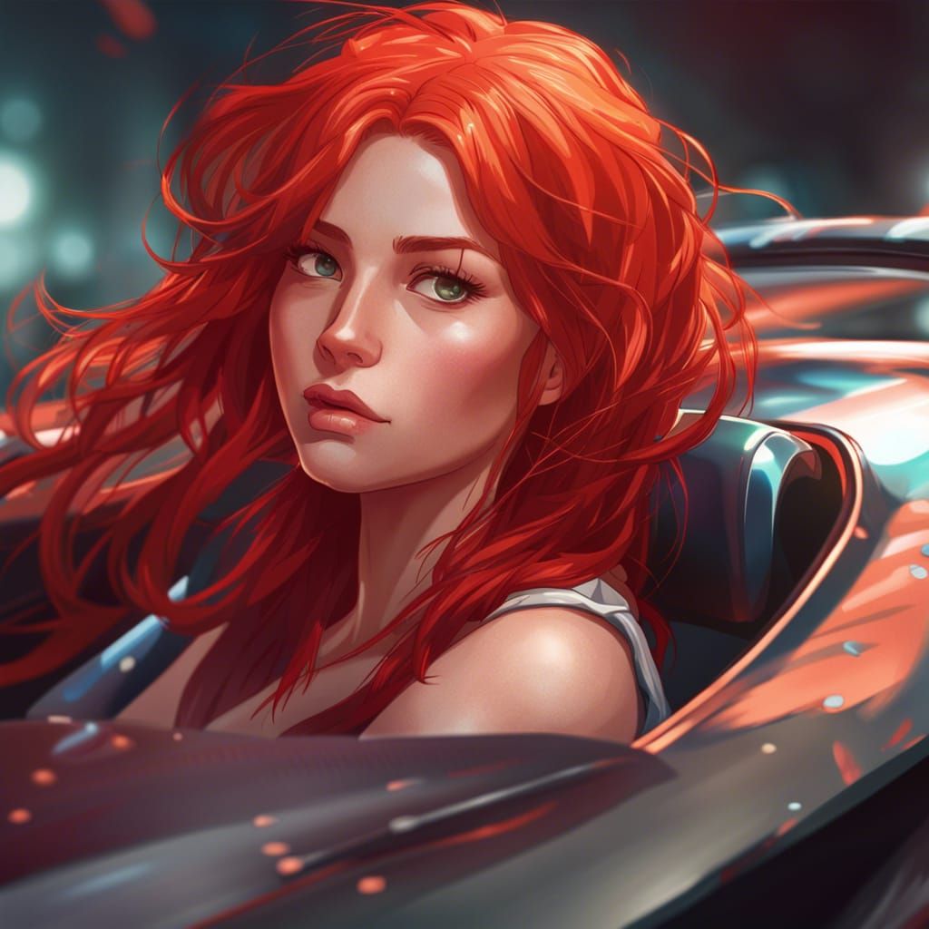 Anime Girl in Supercar: Detailed Digital Art