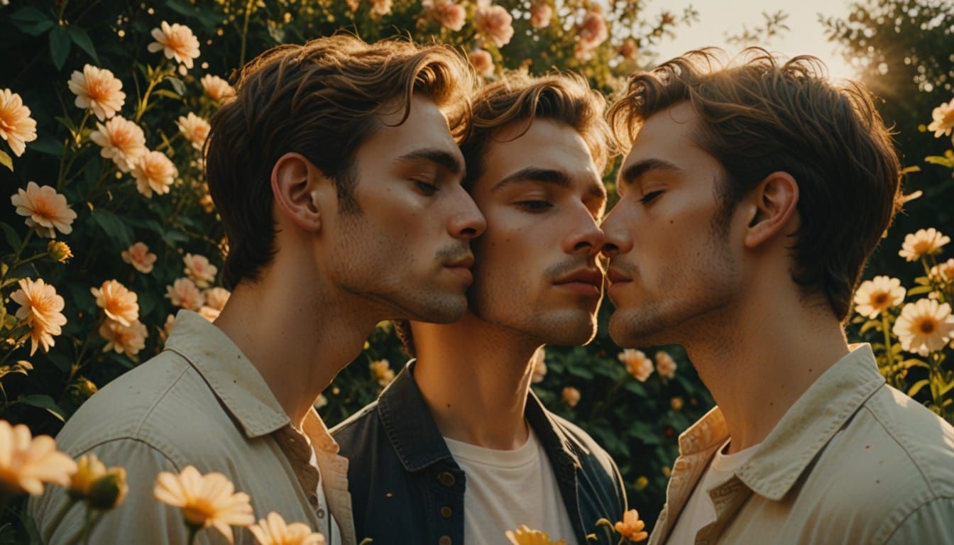 Men Kissing in Flower Garden: Cinematic Film Still