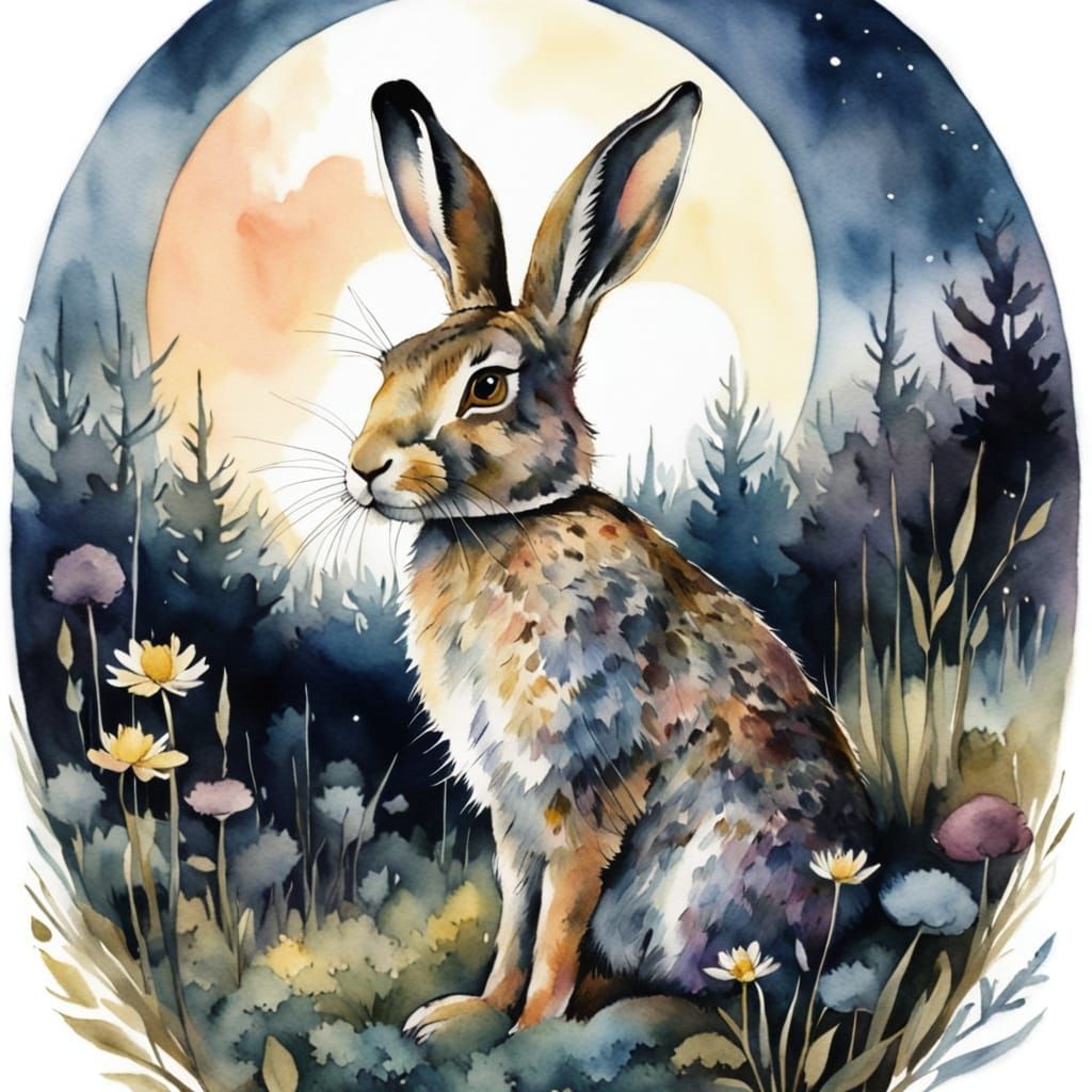 Whimsical Watercolour Hare Under Moonlight