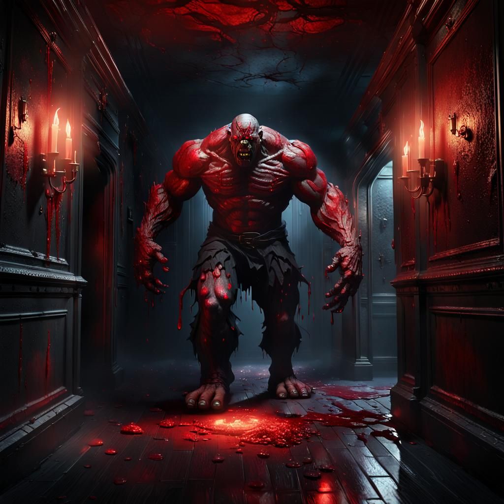 Glowing Horror in Dark Fantasy Hallway, Impressive Hyper-rea...