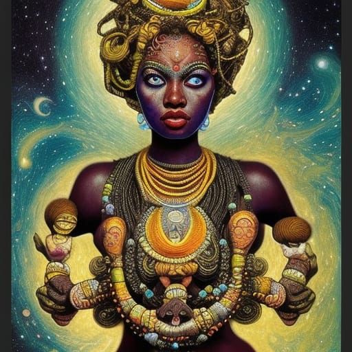 Cosmic Kali Goddess Dances in Galactic Klimt Style