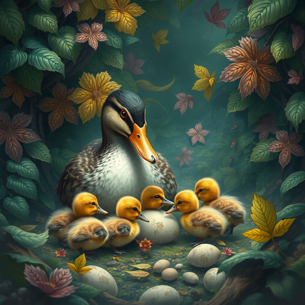 Ducklings Hatching in Mystical Forest: Fantasy Art