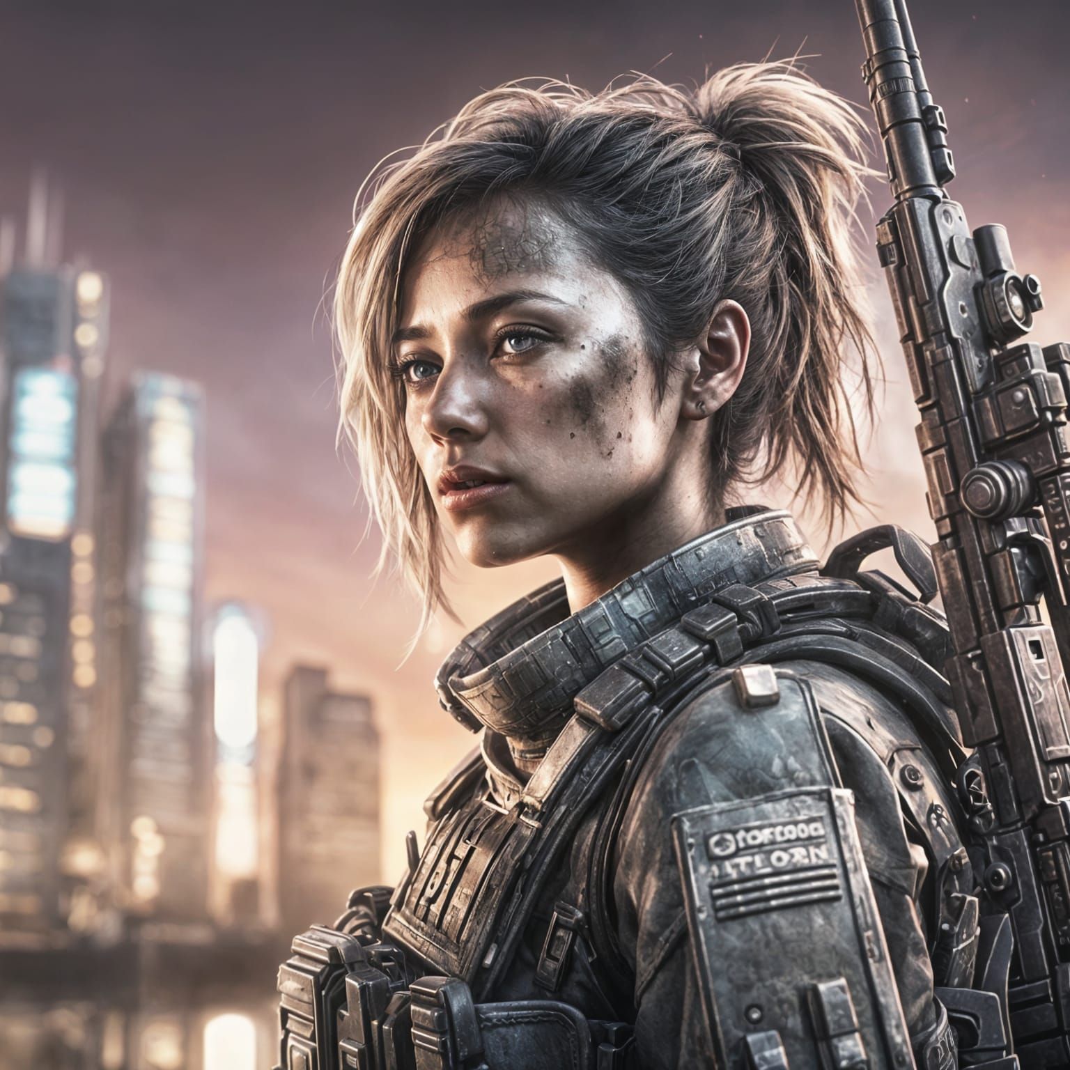 Female Soldier in Post-Apocalyptic Cityscape