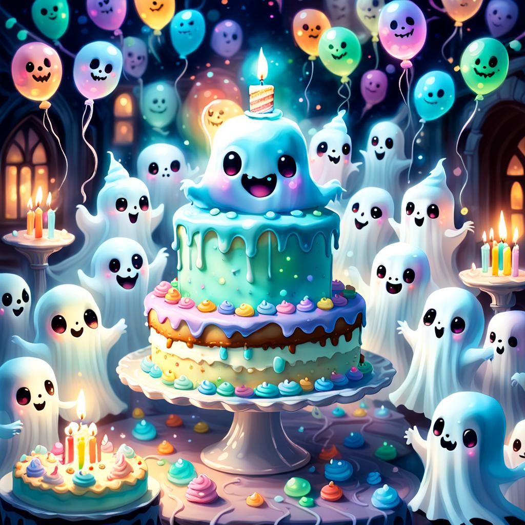 ghost having a ghostly birthday  party  with ghosts