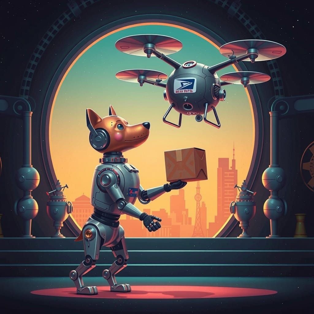 Retro Futuristic Robot Dog Receives Package from Chrome Dron...