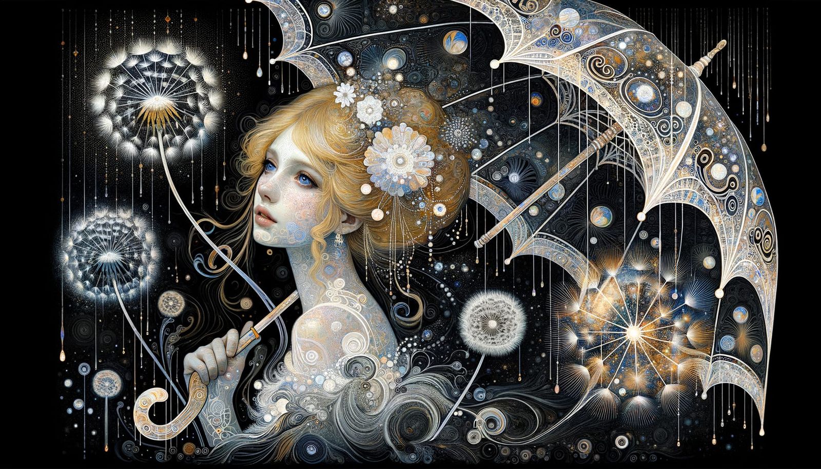 Dreamlike Art Nouveau Girl Under Iridescent Umbrella