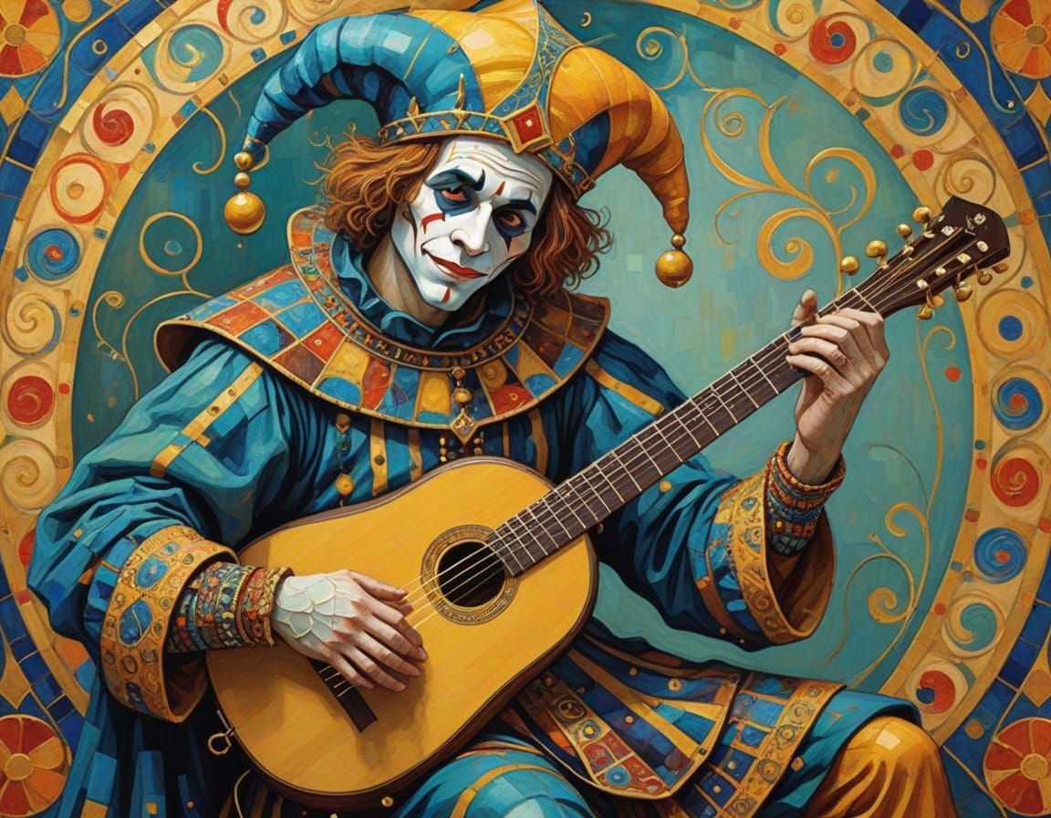 Medieval Jester in Vibrant Klimt-Inspired Art