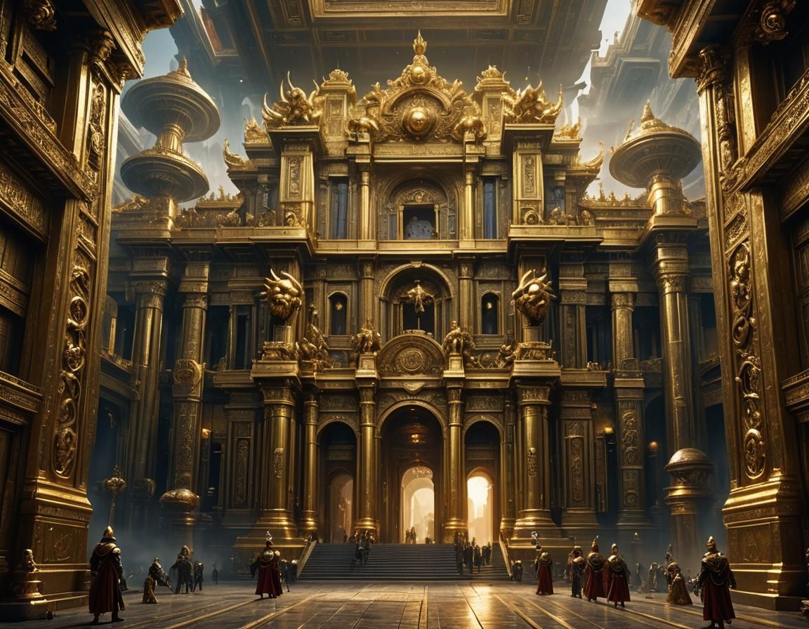 Futuristic Golden Palace Entrance with Roman-Inspired Statue...
