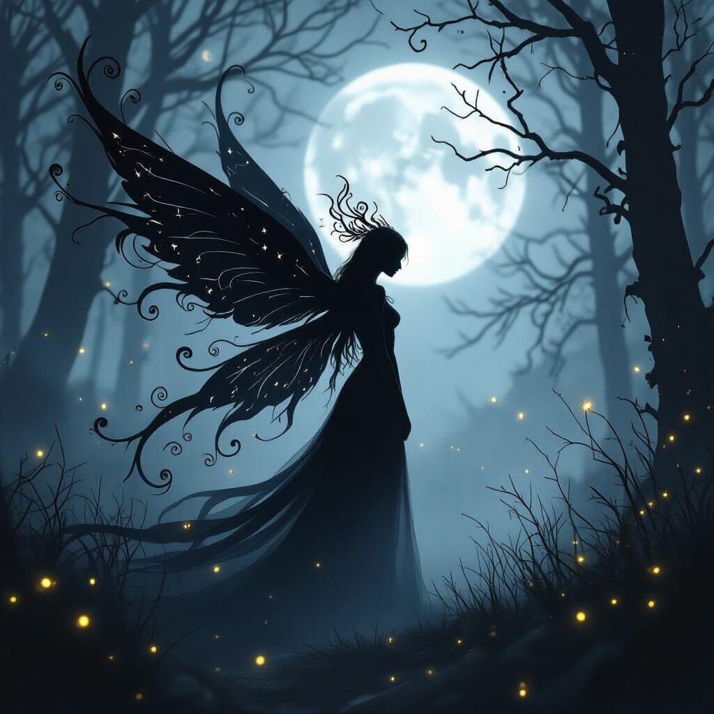 Ethereal Shadow Fairy in Moonlit Forest, Digital Painting