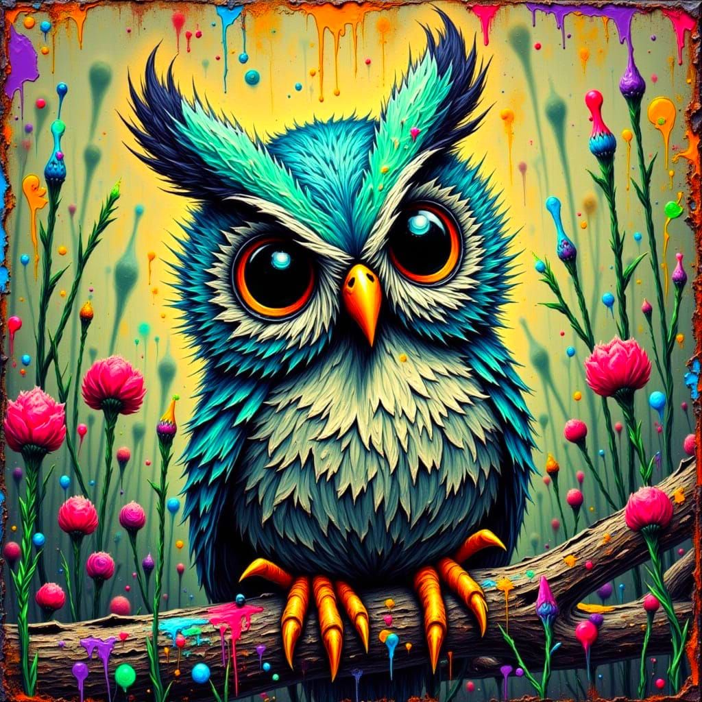 Impasto Painting of a Fluffy Baby Owlet on a Vintage Car