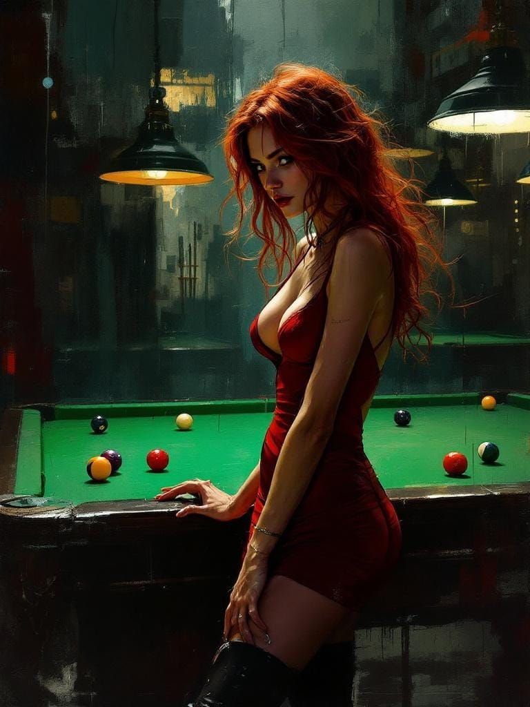 Confident Woman in Pool Hall, Film Noir Style