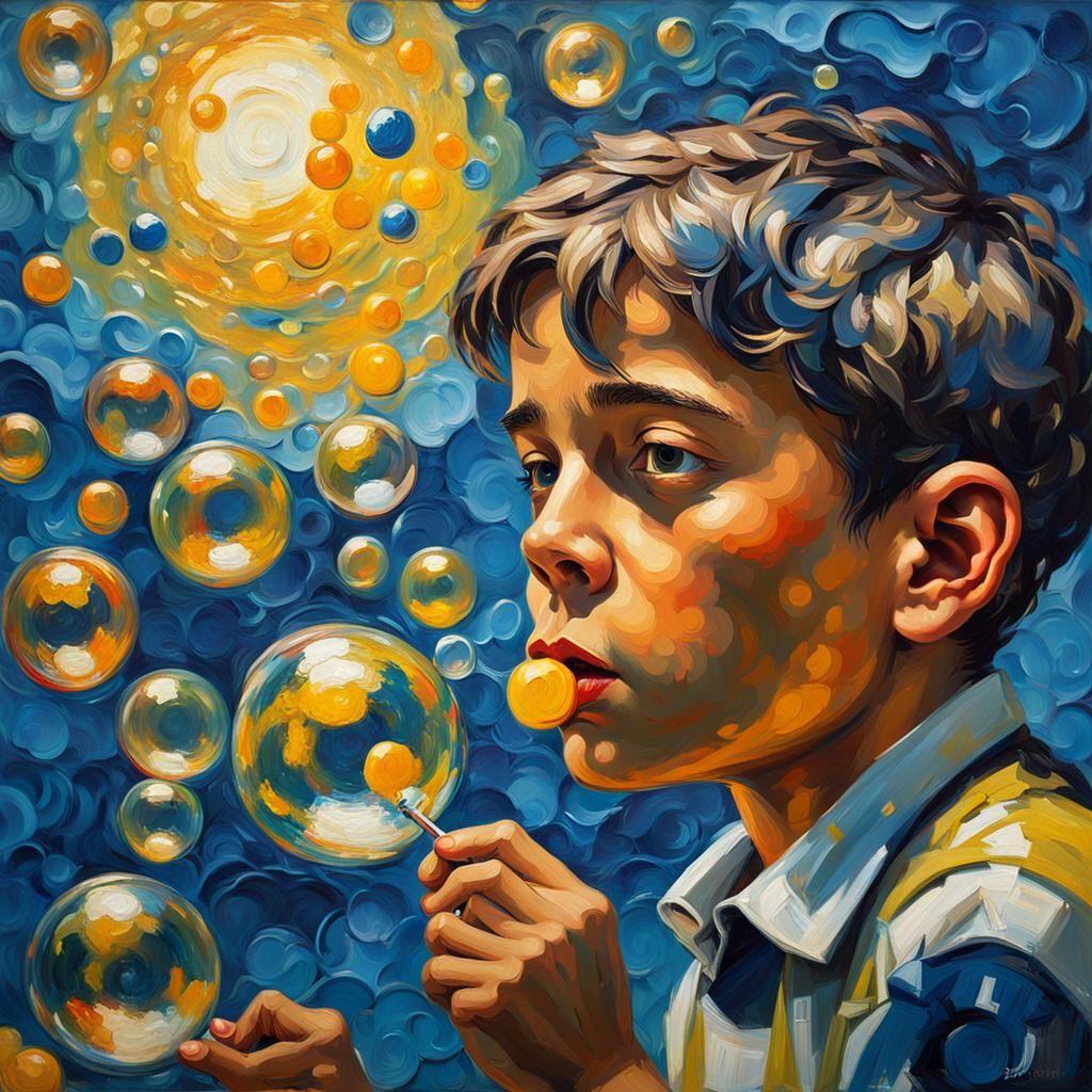 Boy Blowing Bubbles: Expressionist Oil Painting