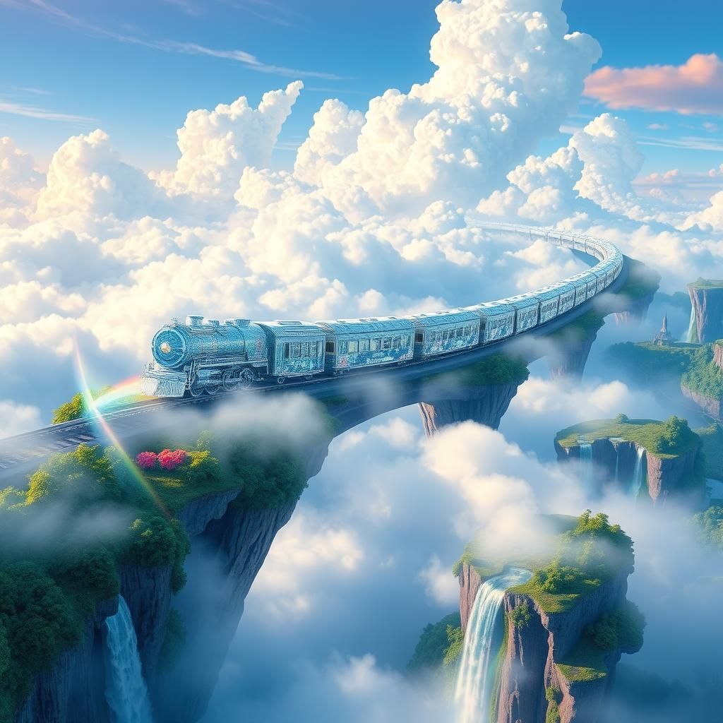 Crystal Train Soaring Through Rainbows to Floating Islands