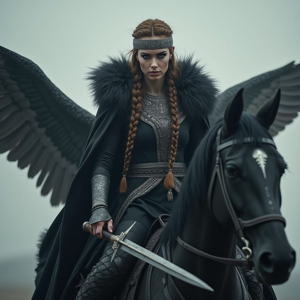 Viking Goddess Gunnr Rides a Winged Horse