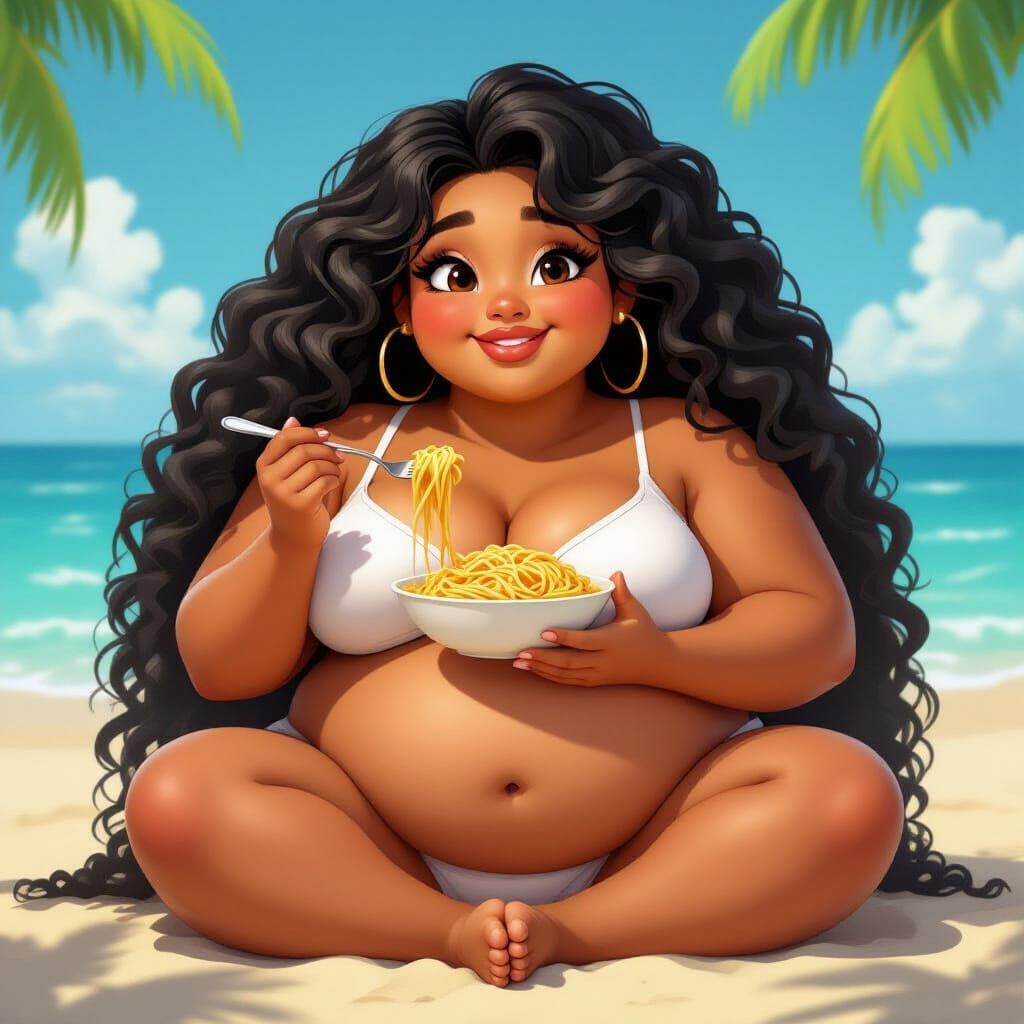 Curvy Girl's Beachside Meal: A Pixar-Style Scene