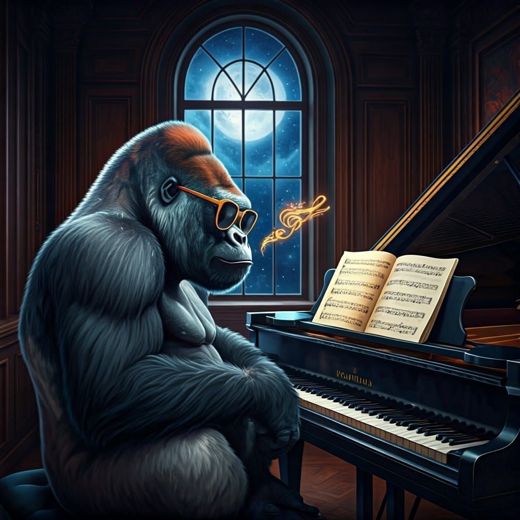 Gorilla Pianist in a Luxurious Celestial Room