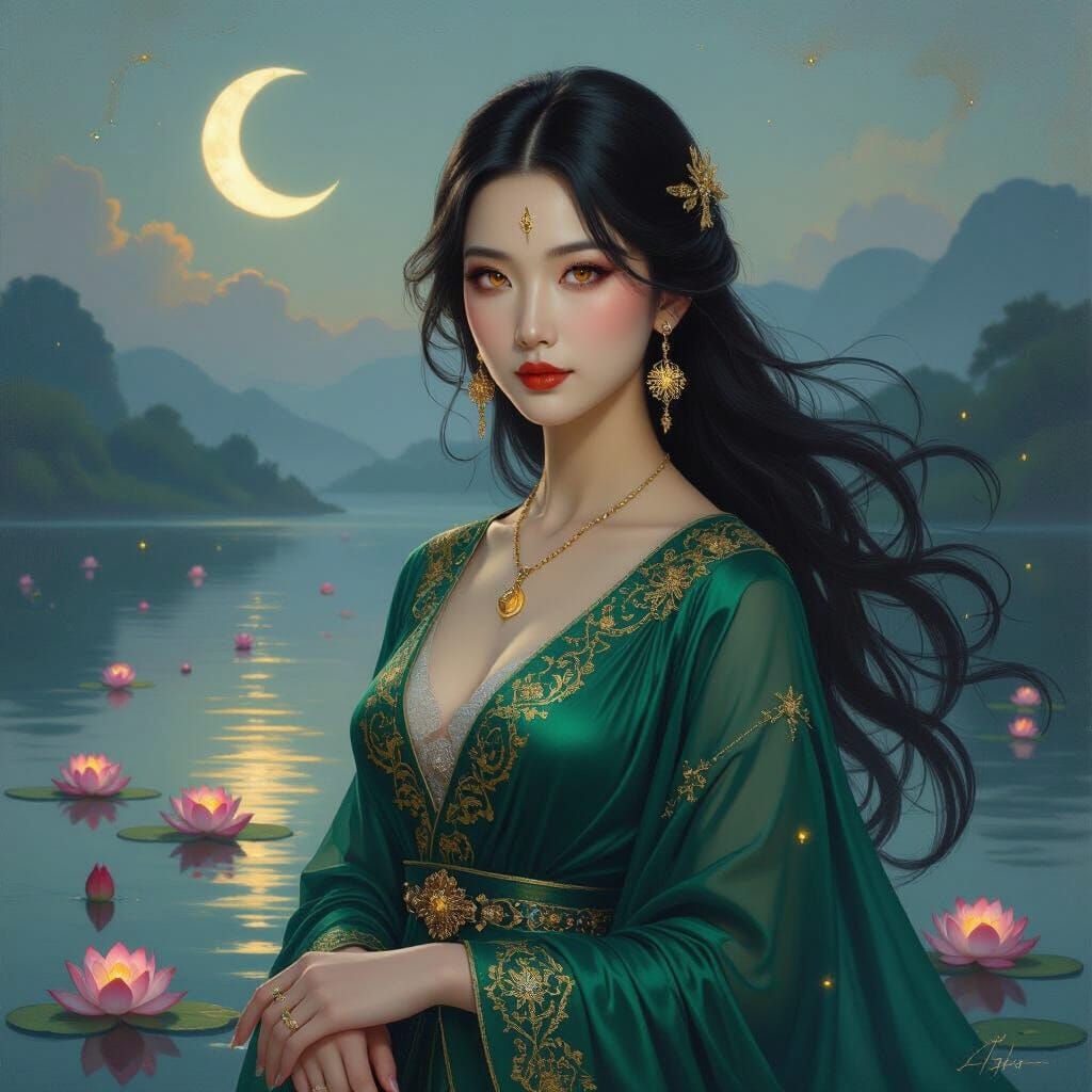Surreal Portrait of Regal Asian Woman in Emerald Gown