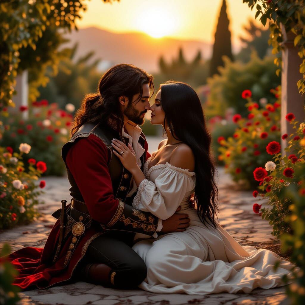 Passionate Kiss in a Mediterranean Garden