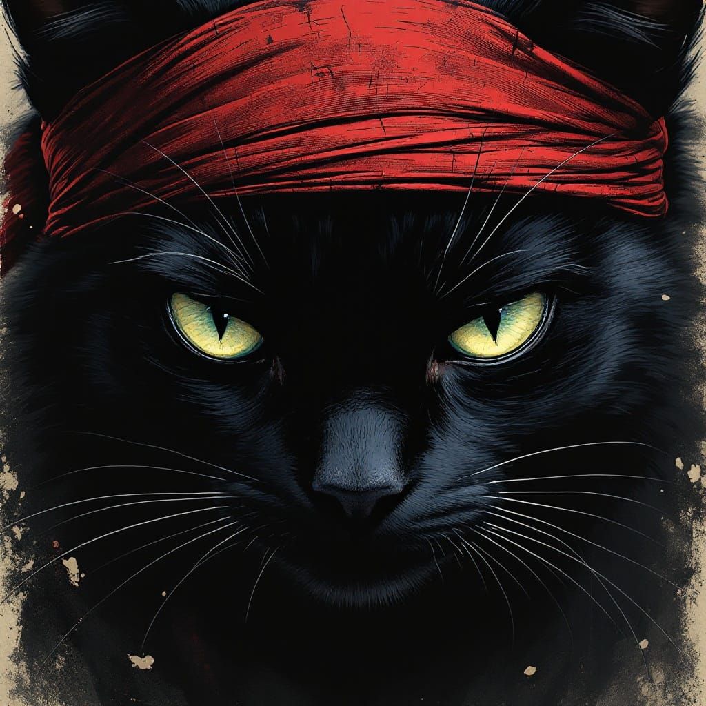 Fierce Black Cat Fighter in Hokusai Woodblock Style