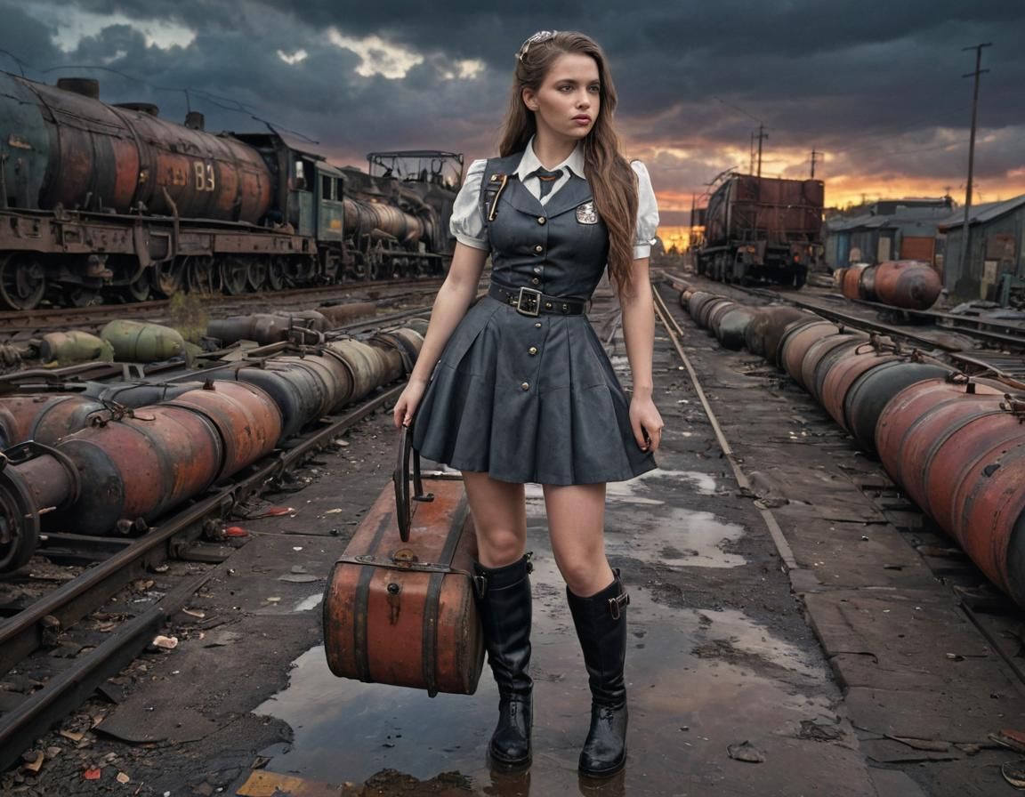 Grimdark 1940s Dieselpunk Girl in Industrial Landscape