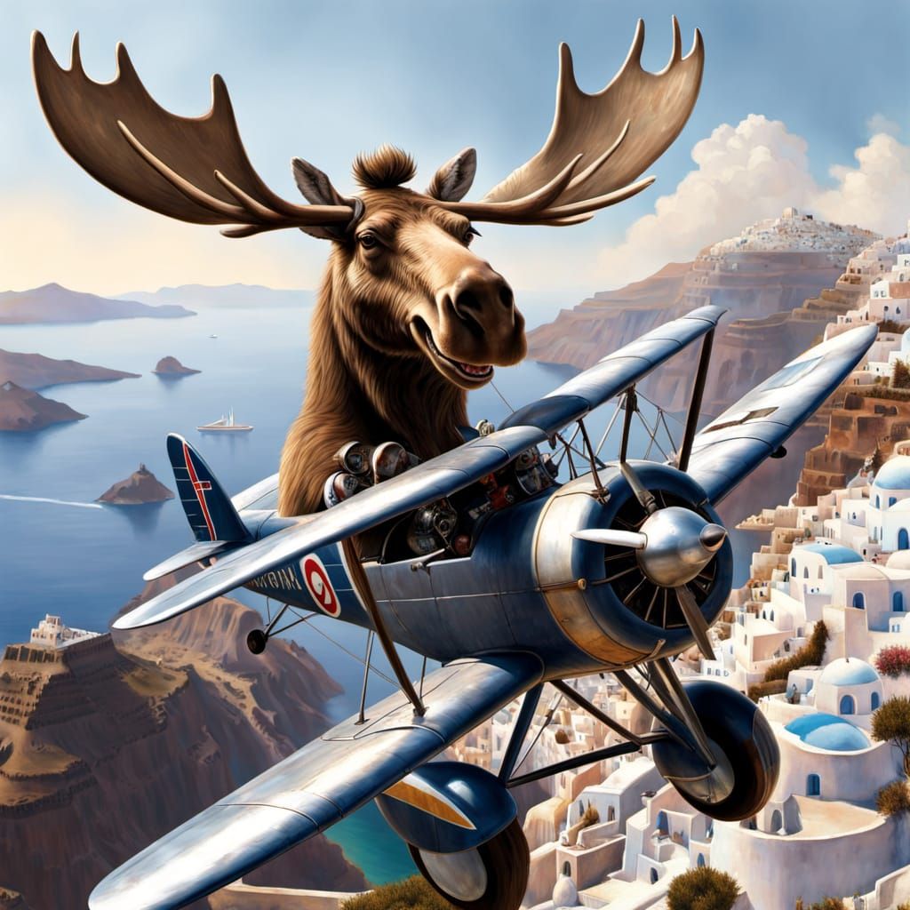 Moose-Man Piloting Biplane Over Santorini in Hyperrealism